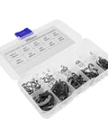 External Snap Retaining Clips Set, Heavy Duty Stainless Steel Retaining Rings Kit With 10 Sizes 1.5mm To 10mm, Grab-And-Go Portable Plastic Storage Box, Easy To Organize And Transport For Assembly, open case with assorted E-clips
