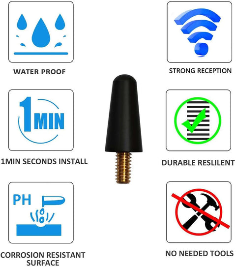 Ford 1.2 Inch Aluminum Short Antenna Replacement shown with waterproof, durable, corrosion-resistant attributes