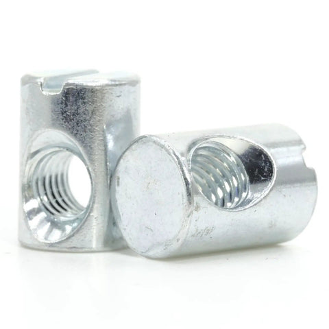 Top Tier Replacement Cross Dowel Barrel Nuts Compatible With Ikea Part 100514 For Crib And Bunk Bed Frames Real Deal Diy Furniture Assembly Fix Pack Of Eight, zinc plated steel, detailed view of two nuts.
