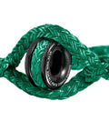 Close-up of Arborist Rigging Sling Three Quarter Inch, 10 Ft Adjustable Block With Aluminum Ring, Green 12 Strand Polyester