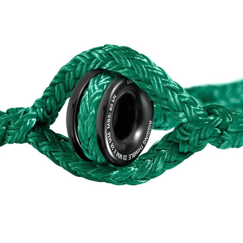 Close-up of Arborist Rigging Sling Three Quarter Inch, 10 Ft Adjustable Block With Aluminum Ring, Green 12 Strand Polyester