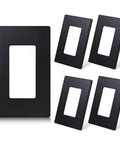 Matte Black 1 Gang Screwless Decorative Wall Plate Standard Size Built To Last Thermoplastic Faceplate Cover For Decorator Receptacle Outlet Switch UL Listed 5 Pack, showing all five pieces
