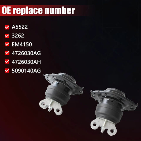 Straight Swap Front Left And Right Motor Engine Mount Pair To Keep Your Ride Butter Smooth Compatible With Chrysler 300 Dodge Challenger Charger Durango 2011 Through 2022 3.6L 5.7L V6 V8 A5522 4726030AH showing OE replace numbers list.
