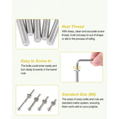 Heavy Duty Baby Bed Frame Bolts And Crib Screws Hardware Replacement Kit featuring hex drive socket cap screws and barrel nuts.
