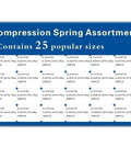 Compression spring assortment kit in blue box displaying 25 sizes of stainless steel springs.