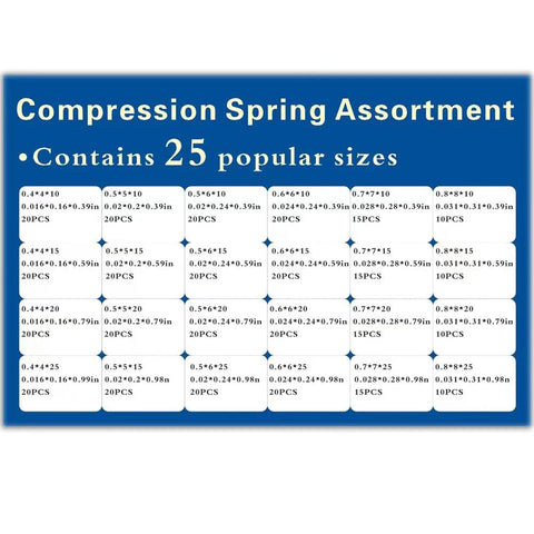 Compression spring assortment kit in blue box displaying 25 sizes of stainless steel springs.
