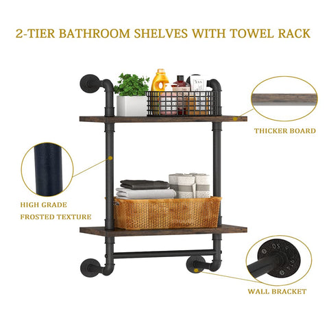 Heavy Duty Two Tier Industrial Pipe Wall Shelves With Rustic Wood And Vintage Towel Bar Straight Up Awesome Go To Storage Option For Bathroom And Farmhouse Living Room Decor displaying towels and décor.