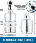 Diagram of 2 In 1 Rain Shower Head Filter With High Pressure Performance, dimensions and features highlighted, chrome finish.