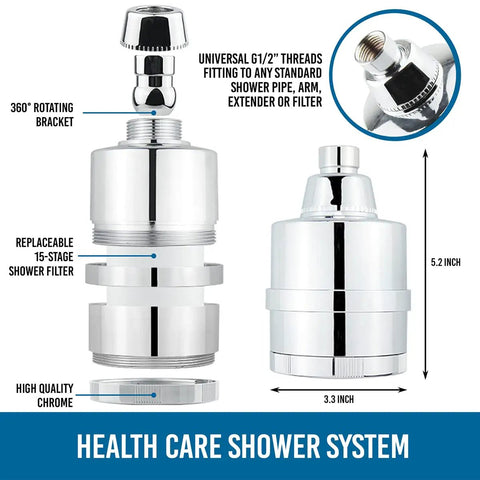 Diagram of 2 In 1 Rain Shower Head Filter With High Pressure Performance, dimensions and features highlighted, chrome finish.