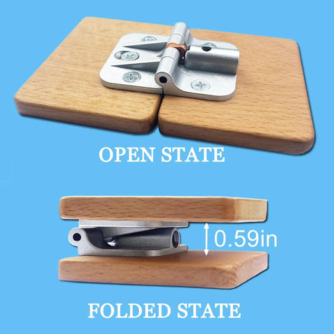 Front view of ANTEISI locking hinge on two wooden leaves; metal hinge with screws for folding table use.