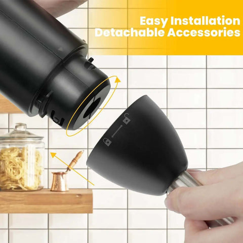 Rechargeable Cordless Immersion Blender With Sweet Egg Whisk Attachment showing easy detachable accessories for convenient use.