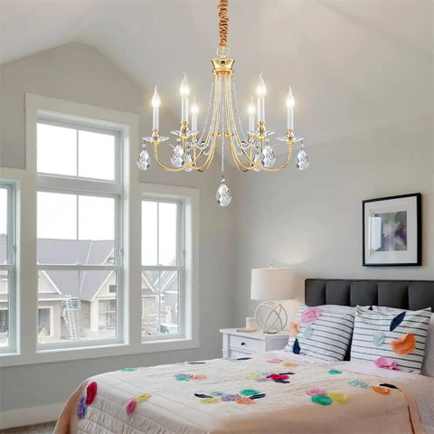 Gold Farmhouse Crystal Chandelier For Dining Room And Kitchen Island, 6 Light French Country Ceiling Fixture in bedroom
