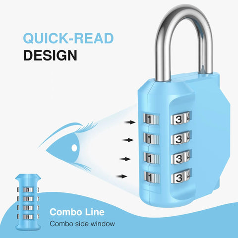 Front view of blue Four Digit Outdoor Waterproof Padlock For Locker And Storage A Tough Zinc Alloy Lock with quick-read design