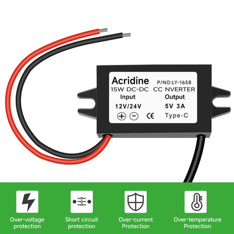 Rugged 12V/24V To 5V USB C Buck Converter 3A 15W Type C Output Waterproof Charging Module with protection features for Raspberry Pi 4