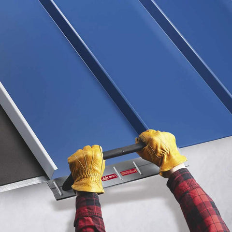 18 Inch USA Made Drip Edge Folding Tool For Standing Seam Roofing Panels Built To Last With High Leverage Two Post Handle in use
