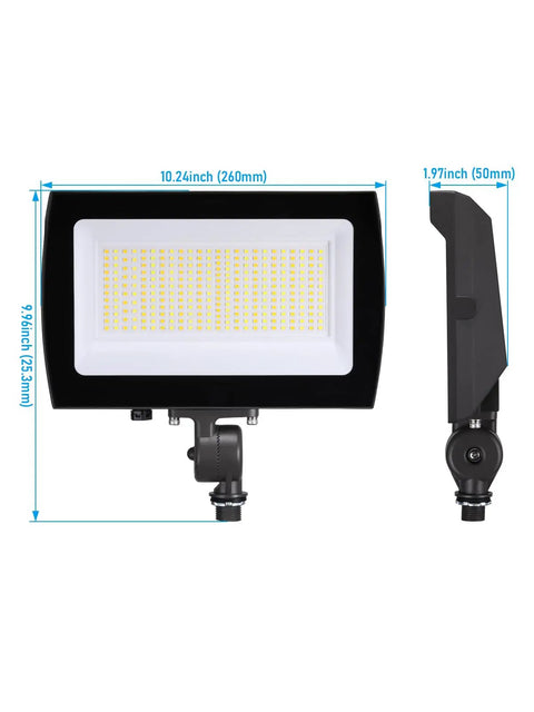Beast Mode Adjustable LED Flood Light Outdoor With Knuckle Mount 50W/80W/100W, dimensions and side view shown