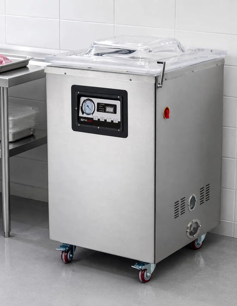 Heavy Duty Commercial Chamber Vacuum Sealer Featuring Dual 20 Inch Seal Bars For Restaurant Butcher Shop Kitchen Use Electric Floor Packing Station in stainless steel with clear lid.