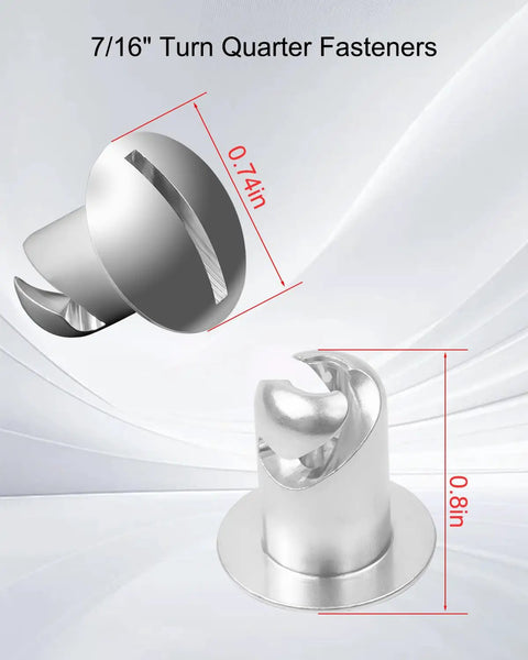 Rock Solid Quarter Turn Fastener Knobs 7/16 Aluminum Oval Button Latches With Chrome Finish for Heavy Duty Panels, showing dimensions.