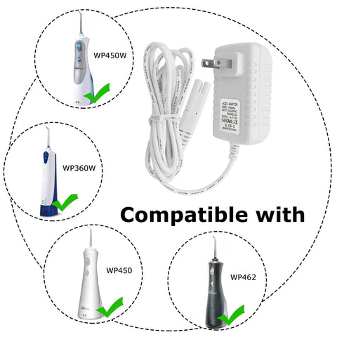 Travel Ready Water Flosser Charger Adapter Replacement For Multiple Models WP360 WP462 WP450 WF13 WP100 And More, shown with compatible flossers