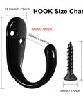 Diagram showing dimensions of 10 Pack Single Prong Flat Coat Hooks Wall Mounted with screw, black finish, zinc die-cast, 1.8 x 0.73 inch size.