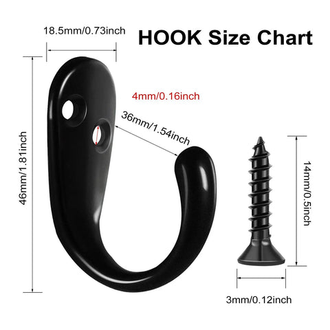 Diagram showing dimensions of 10 Pack Single Prong Flat Coat Hooks Wall Mounted with screw, black finish, zinc die-cast, 1.8 x 0.73 inch size.