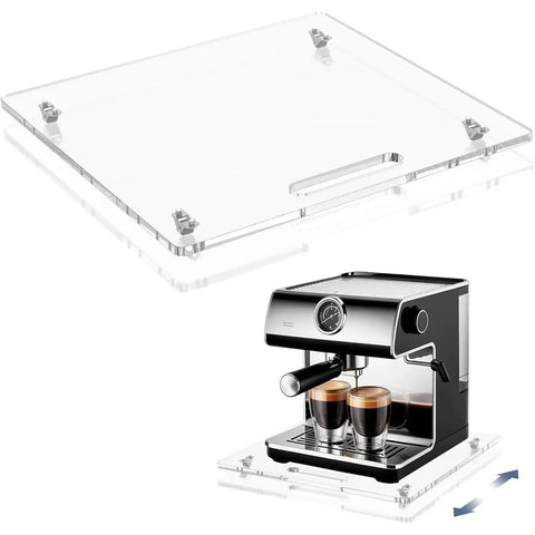 Slick Kitchen Appliance Roller Base Tray With Quiet Rubber Wheels And Heavy Duty Pull Handle, clear acrylic with coffee machine.