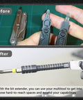 Comparison of usage before and after using Black Flat End Bit Extender And 2 In 1 Mini Ratchet Wrench for Leatherman Tools.