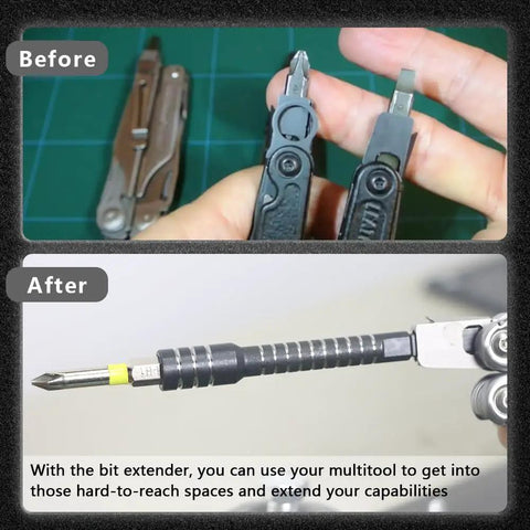 Comparison of usage before and after using Black Flat End Bit Extender And 2 In 1 Mini Ratchet Wrench for Leatherman Tools.
