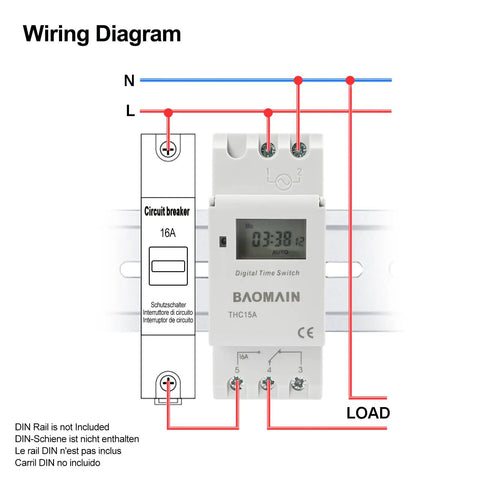 12V Digital Programmable Timer Switch With 16A SPDT Relay For Home Auto And Light Industrial Setups Weekly Scheduling AC DC Input Reliable Power Timer wiring diagram with DIN rail mount and load connections