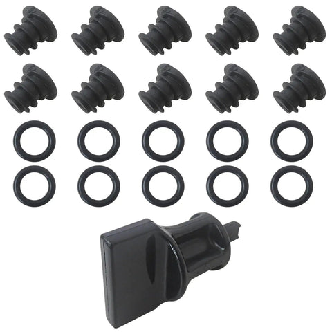 Upgraded Complete Car Oil Drain Plug Kit For VW Audi TSI Engines With 10 Plugs Plus Tool And Gaskets To Stop Leaks And Keep Your Ride Running Smooth Like A Dream Today, black rubber plugs and O-rings with removal tool