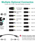 Multiple optional connectors for Adjustable DC Power Supply 3V To 24V 3A 72W with LCD Display, includes 14 DC tips and polarity converter.