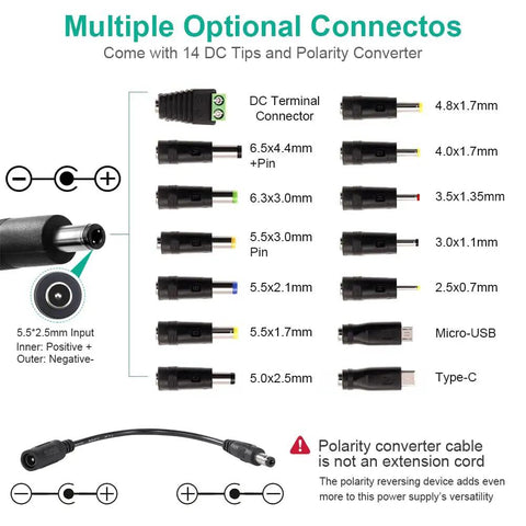 Multiple optional connectors for Adjustable DC Power Supply 3V To 24V 3A 72W with LCD Display, includes 14 DC tips and polarity converter.