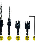 Pro Grade Woodworking Countersink And Plug Cutter Set With Adjustable HSS Drill Bits No 8 And No 12 For Three Eighths Inch And One Half Inch Screws Includes Three Eighths Inch And One Half Inch Wood Plug Cutters And Hex Wrench Black Oxide Finish displayed with drill bits, plug cutters, hex wrench