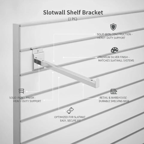 Heavy Duty Slotwall Shelf Brackets For 18mm Slatwall Channels, Silver Iron, wall-mounted, side view of bracket attached to slatwall