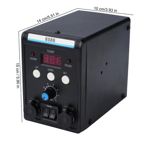 2 In 1 Soldering Station With Hot Air Rework And Soldering Iron Kit Pro Grade Digital Display SMD Repair Tool Includes 3 Nozzles 5mm 8mm 10mm LED Dual Display For Precise Electronics Fix showing compact design and digital controls.