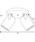 Diagram of Dope Two Light Indoor Ceiling Light And Wall Sconce With Roundback Track Lighting showing measurements and adjustable heads.