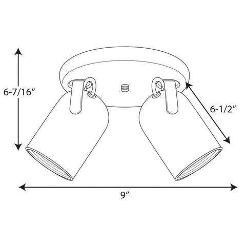 Diagram of Dope Two Light Indoor Ceiling Light And Wall Sconce With Roundback Track Lighting showing measurements and adjustable heads.