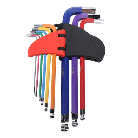 Awesome 9-Piece Colored Metric Hex Key Set With Ball End Wrenches Made From Hardened Crv And S2 Steel Perfect For Bike Repair Furniture Building And Electrical Fixes With Non Slip Grip And Super Durable Color Coded Design. 9-piece metric hex key set in color-coded holder, 1.5mm to 10mm, ball end