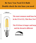 Illustration of E14 dimmable LED bulb with size details emphasizing European base, showing compatibility differences.