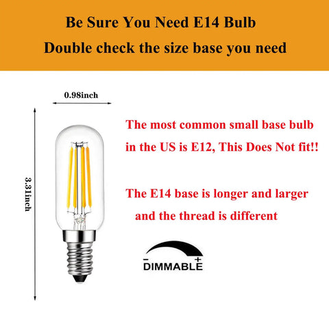 Illustration of E14 dimmable LED bulb with size details emphasizing European base, showing compatibility differences.