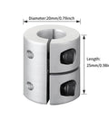 Front view aluminum alloy rigid shaft coupling, 20mm dia, 25mm length, split clamp with set screws for 6-8mm bore.