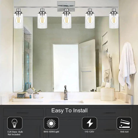 Industrial Chrome Five Light Vanity Light Fixture with clear glass shades above bathroom mirror setup
