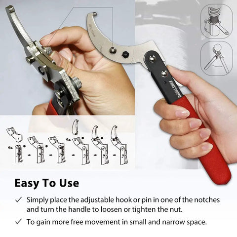 Hand holding 11 Piece Hook And Pin Spanner Wrench Set With Changeable Heads From 3/4 To 6 1/2 Inch, adjustable tool detail