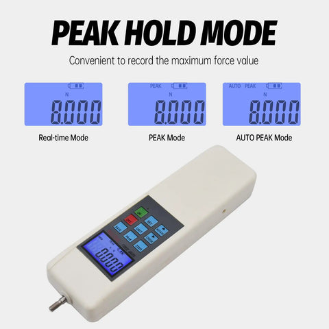 Digital Force Gauge 100N Capacity Handheld Dynamometer For Push Pull Testing With USB Data Output 3 Units N Kgf Lbf 447 Test Storage Auto Peak Modes High Resolution Sensor Easy Data Export, peak hold mode screen
