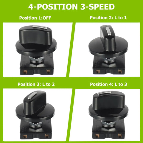 Four-position three-speed rotary switch demonstration with positions labeled for heaters and equipment, ABS housing, pack of two