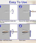 Diagram showing installation process of Tree Shaped Steel Hollow Wall Anchors With Screws Kit For Wood Brick Reinforced Concrete And Hollow Walls.
