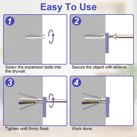 Diagram showing installation process of Tree Shaped Steel Hollow Wall Anchors With Screws Kit For Wood Brick Reinforced Concrete And Hollow Walls.