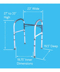 Dimensions of adjustable detachable toilet safety rails with non slip grab bar and padded handles, aluminum frame.