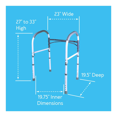 Dimensions of adjustable detachable toilet safety rails with non slip grab bar and padded handles, aluminum frame.