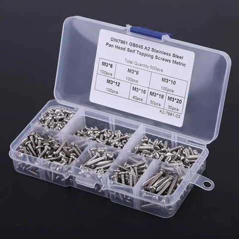 M3 Button Head Self Tapping Screws Kit 500 Pcs With Plastic Storage Box displaying organized stainless steel screws